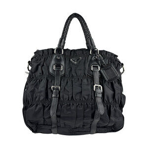 Prada Tessuto Gaufre satchel tote bag black ruched braided leather handles